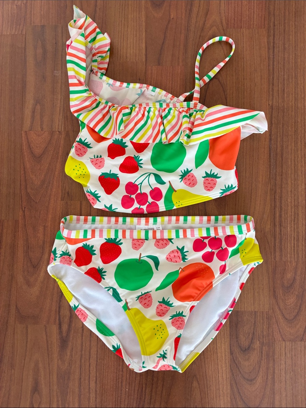 Mini Boden Girls Fruit Print Two-Piece Bikini in White, Green, Red, Yellow, Pink